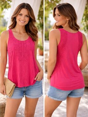 Cupio Hot Pink Lace Tank Top | Sleeveless Lace Blouse | Size Medium